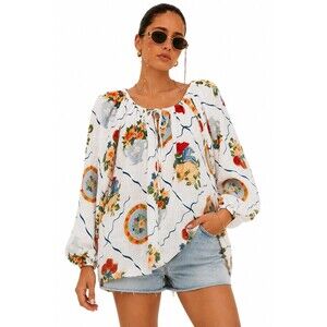 NEW Sabo Womens Size Small Linen Blend Oversized Amorina Top in Trattoria Print
